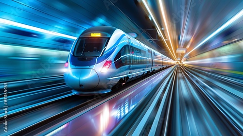 High-speed modern train racing through an illuminated tunnel at night, showcasing futuristic transportation and advanced technology.