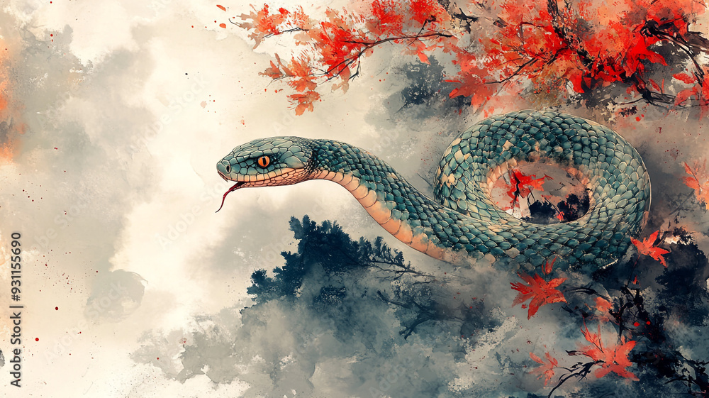 Illustration of a green snake. Chinese painting, Anime style, game style, Comic style. Illustration of a green snake. Chinese painting, Anime style, game style, Comic style.