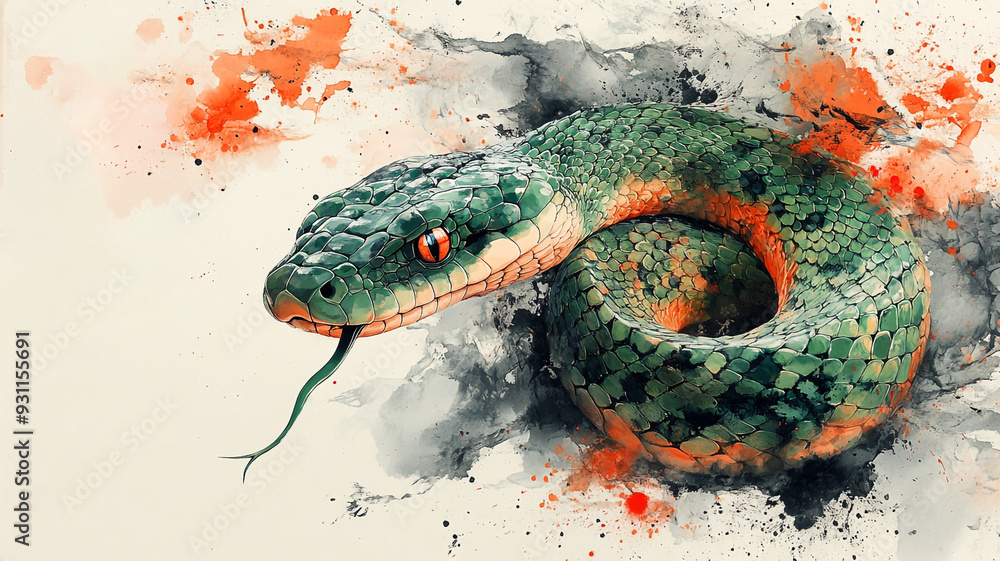 Illustration of a green snake. Chinese painting, Anime style, game style, Comic style. Illustration of a green snake. Chinese painting, Anime style, game style, Comic style.