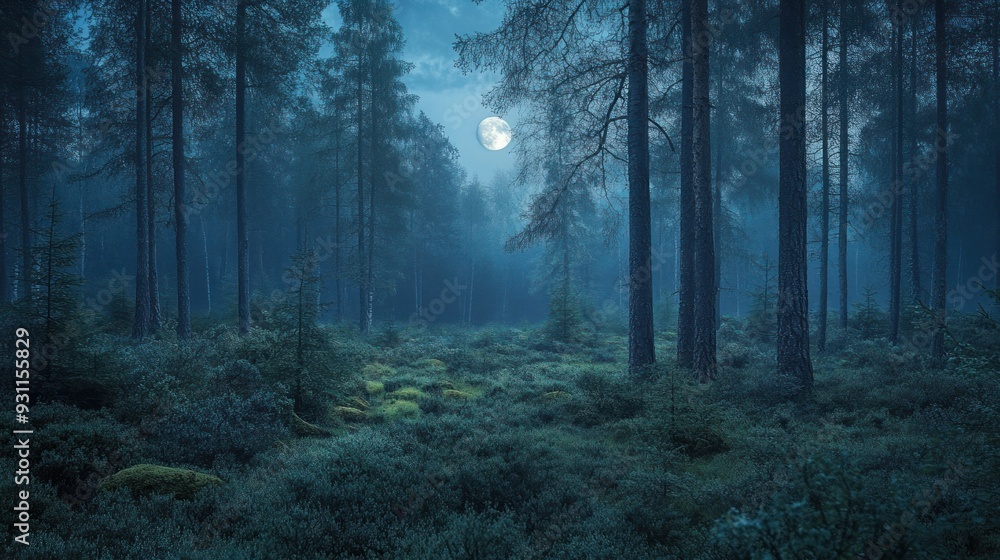 A Full Moon Shines Through a Misty Forest at Night A Full Moon Shines Through a Misty Forest at Night