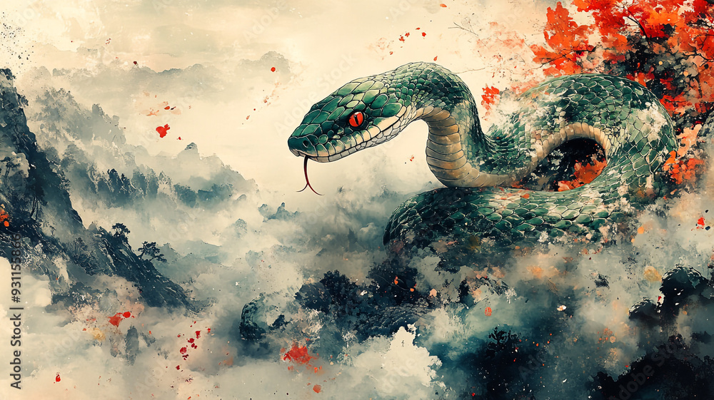 Illustration of a green snake. Chinese painting, Anime style, game style, Comic style. Illustration of a green snake. Chinese painting, Anime style, game style, Comic style.