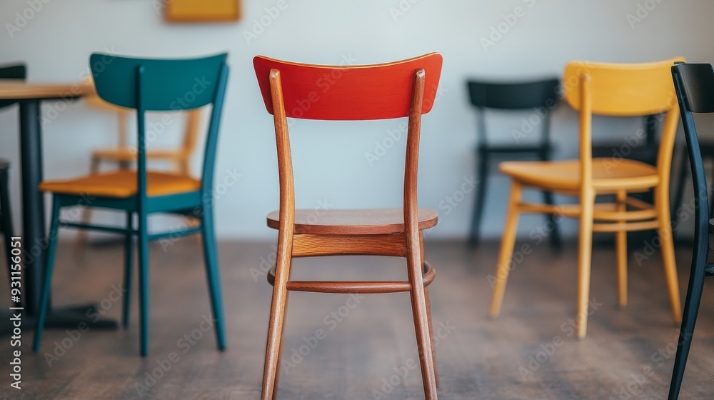 A vibrant array of colorful chairs in a modern cafe setting, showcasing design and comfort in an inviting atmosphere. A vibrant array of colorful chairs in a modern cafe setting, showcasing design and comfort in an inviting atmosphere.