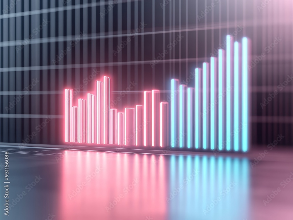 A vibrant bar graph representing financial growth, showcasing data trends with modern neon colors and reflections. A vibrant bar graph representing financial growth, showcasing data trends with modern neon colors and reflections.