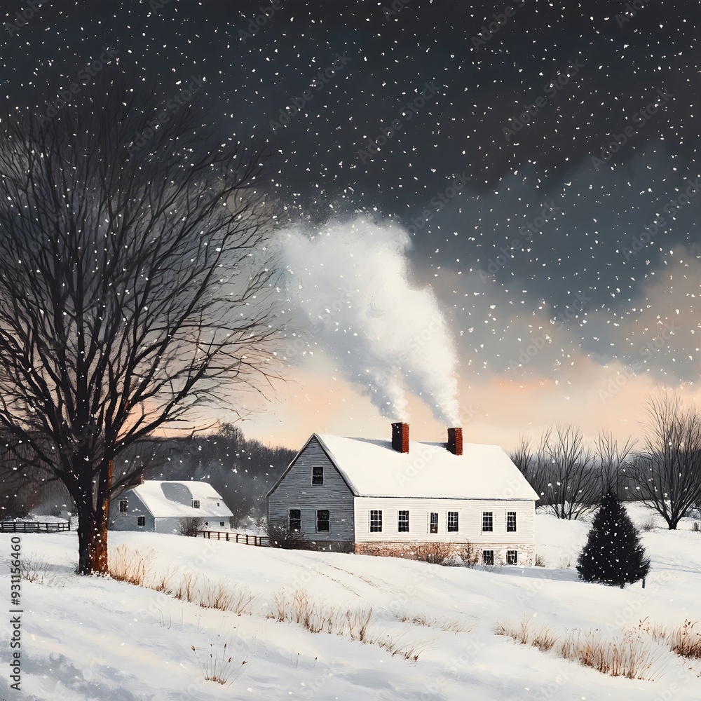 Cozy Farmhouse in a Serene Winter Wonderland Landscape Cozy Farmhouse in a Serene Winter Wonderland Landscape