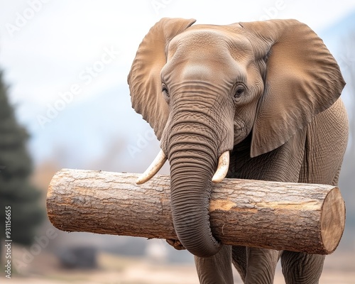 An elephant with large ears and tusks holds a log in its trunk, looking directly at the camera.