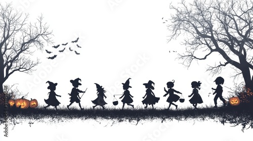 Black shadow of Children dressed in Halloween fancy dress on hallloween background,go Trick or Treating Halloween night,Jack O Lantern,october banner,horror spooky season,Illustration for holiday. photo