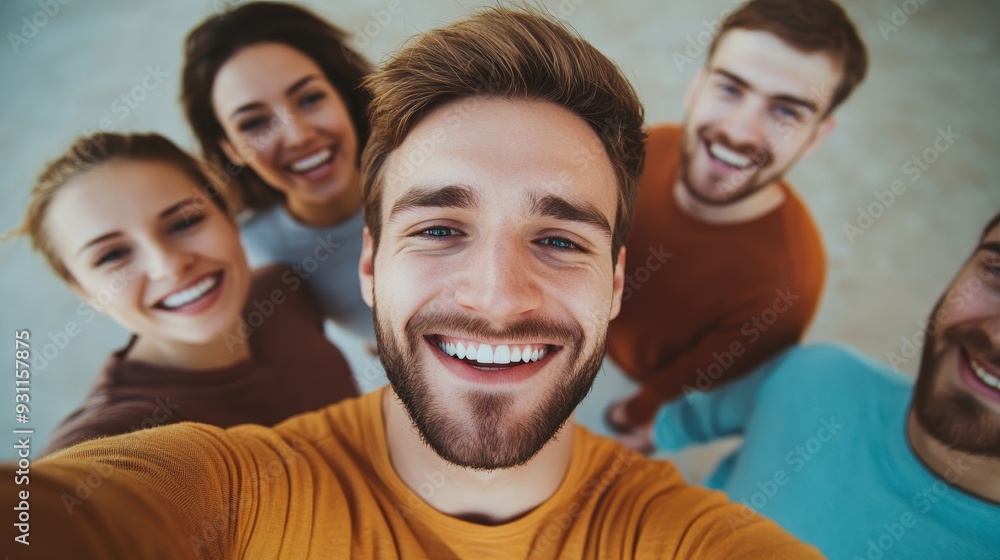 Group of cheerful friends taking a selfie while smiling, capturing a moment of joy and camaraderie. Group of cheerful friends taking a selfie while smiling, capturing a moment of joy and camaraderie.
