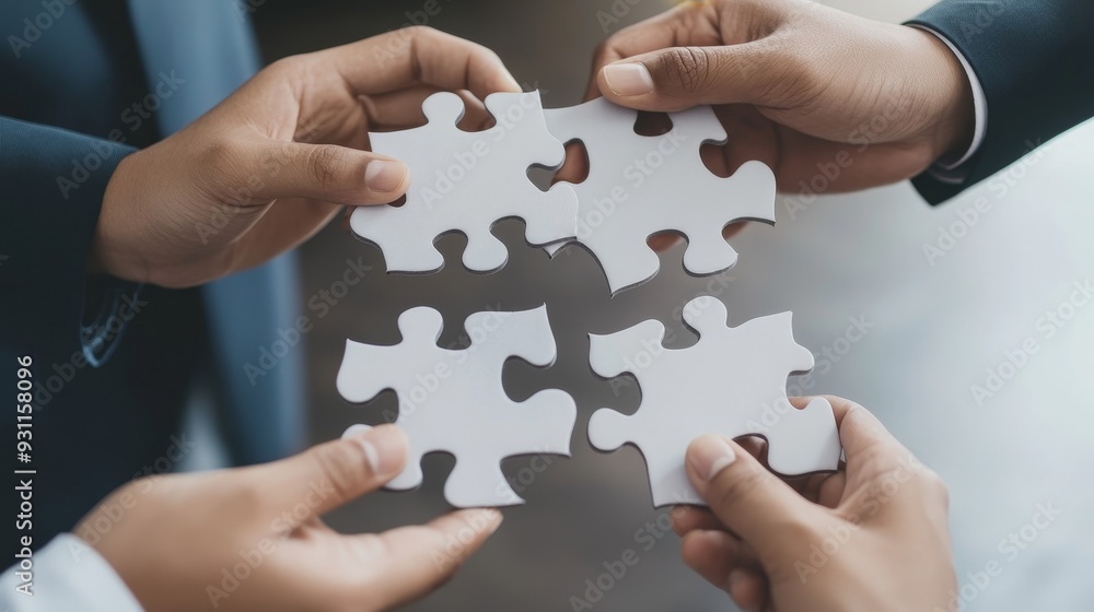Hands of diverse individuals joining blank puzzle pieces, symbolizing teamwork and collaboration in a professional setting. Hands of diverse individuals joining blank puzzle pieces, symbolizing teamwork and collaboration in a professional setting.