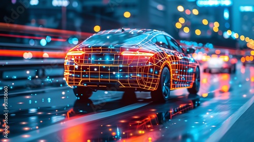 Wallpaper Mural Futuristic car integrated with digital interfaces driving through a vibrant city at night, showcasing advanced technology and innovation. Torontodigital.ca