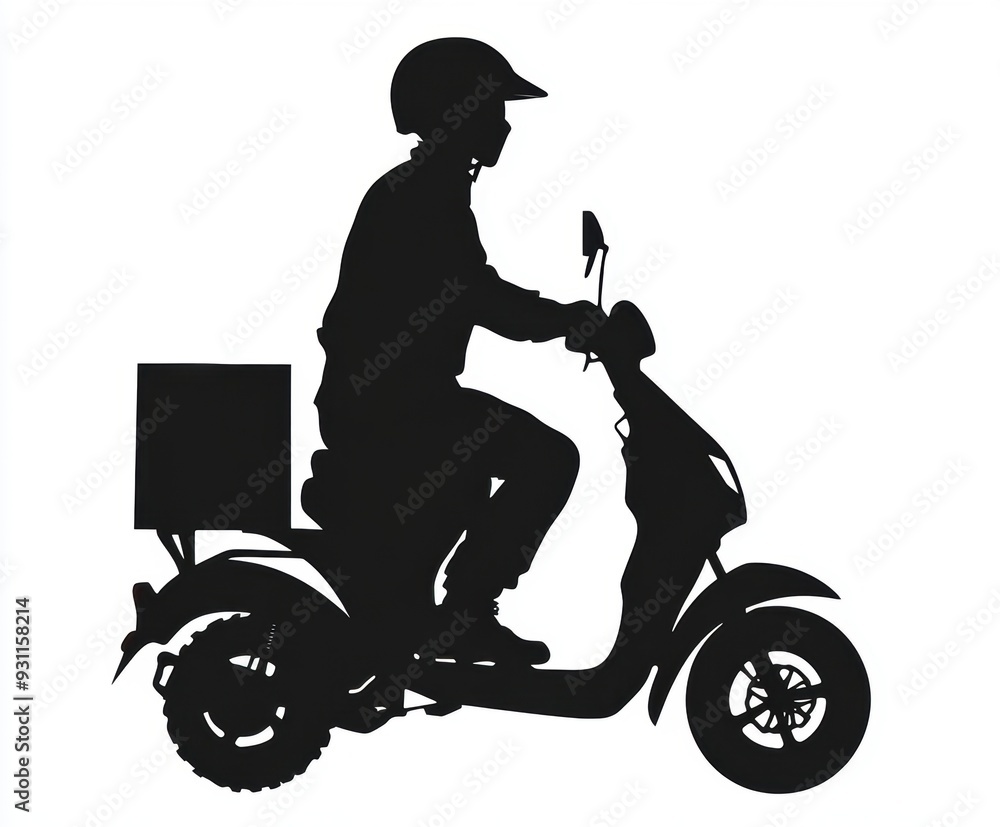 Silhouette of delivery rider on scooter with cargo box Silhouette of delivery rider on scooter with cargo box
