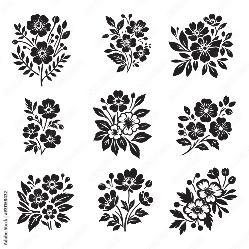 Obraz premium Vector black silhouettes of flowers isolated on a white background, Flowers silhouette, vector images illustration