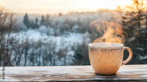 steaming cup of hot coffee sits on a wooden table, exuding warmth and comfort. The rising steam creates a cozy, inviting atmosphere, symbolizing relaxation, tranquility, and a peaceful moment of refle photo