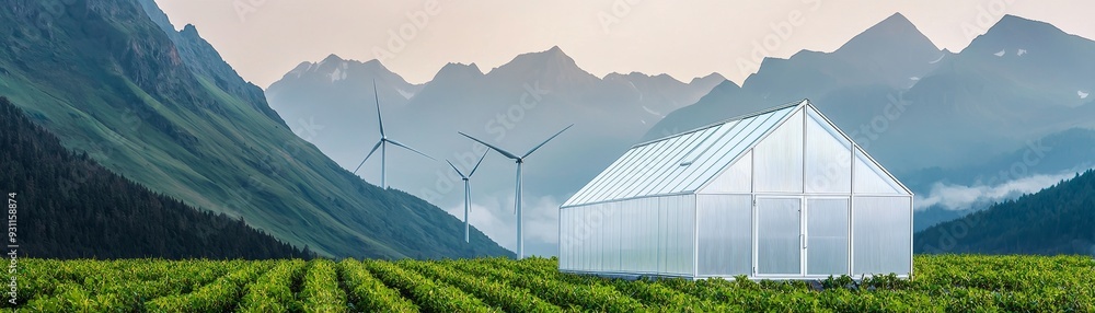 Obraz premium Modern greenhouse in a valley with mountains and wind turbines.