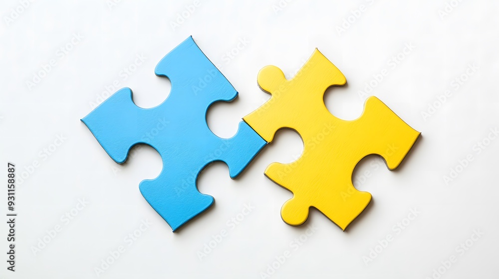 Two colored puzzle pieces connecting on a white background, symbolizing collaboration and connection in educational planning for special needs students, emphasizing inclusivity and teamwork Two colored puzzle pieces connecting on a white background, symbolizing collaboration and connection in educational planning for special needs students, emphasizing inclusivity and teamwork
