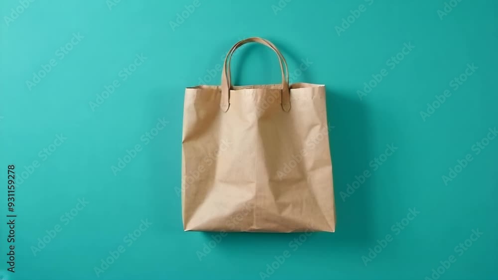 A simple brown paper bag against a teal background, highlighting eco-friendly shopping design and minimalism. A simple brown paper bag against a teal background, highlighting eco-friendly shopping design and minimalism.