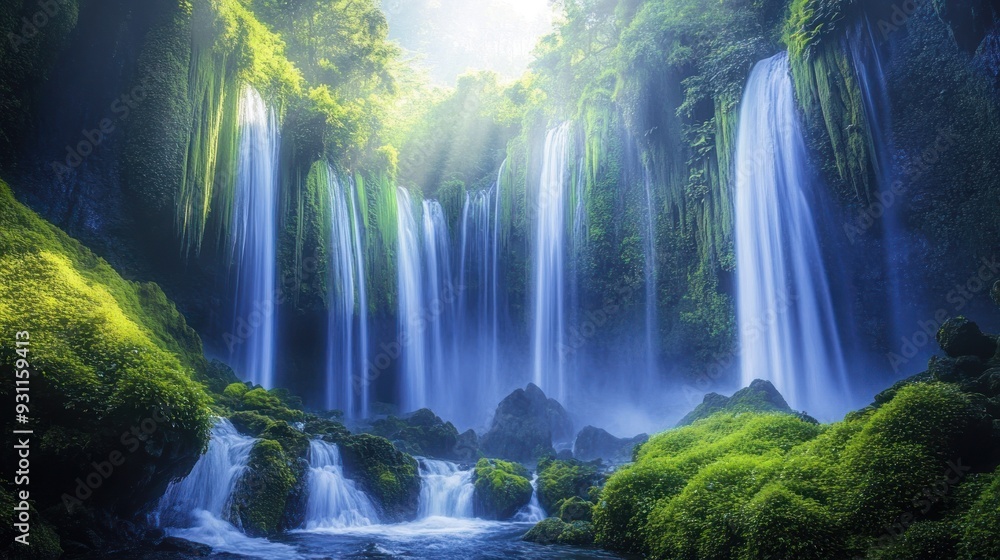 Fototapeta premium Multiple Waterfalls Cascading Through Lush Green Foliage