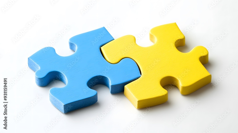 Two colored puzzle pieces connecting on a white background, symbolizing collaboration and connection in educational planning for special needs students, emphasizing inclusivity and teamwork Two colored puzzle pieces connecting on a white background, symbolizing collaboration and connection in educational planning for special needs students, emphasizing inclusivity and teamwork