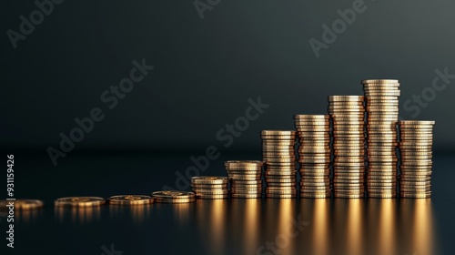 Stacks of gold coins ascending in a line against a dark background, symbolizing growth and financial success.