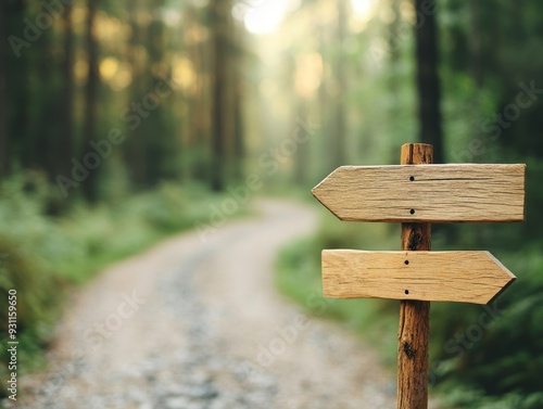 Wooden signpost with two blank arrows pointing in opposite directions on a forest path.