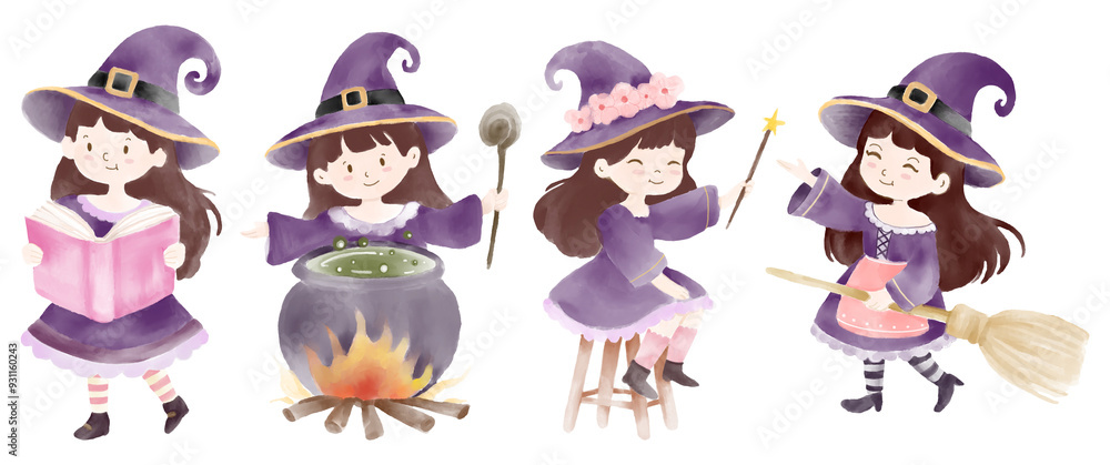 Obraz premium Watercolor painting halloween witch cartoon character