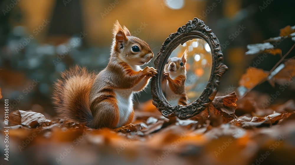 Obraz premium Squirrel Looking In A Mirror.