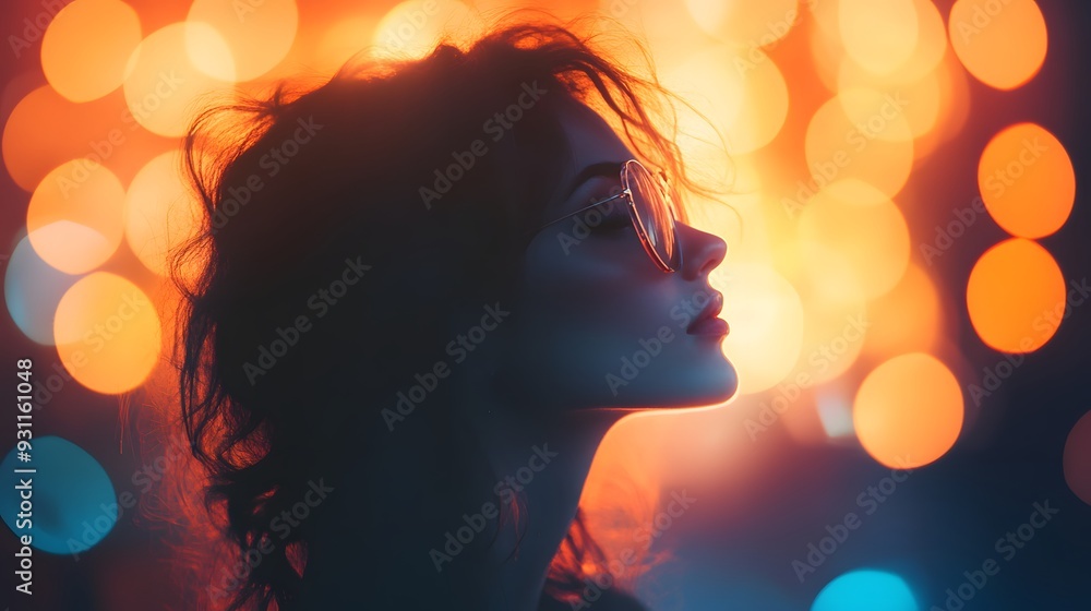 Woman silhouette with bokeh lights. Woman silhouette with bokeh lights.