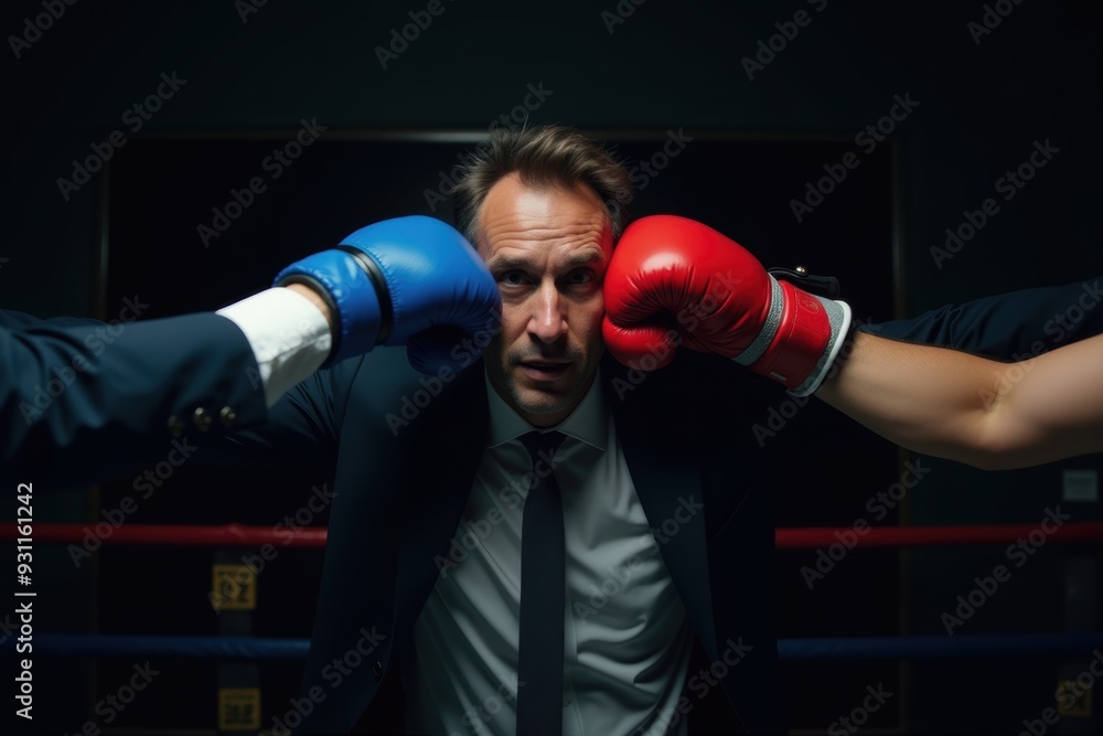 Businessmen are being punched with red and blue gloves in a boxing ring. Generative AI Businessmen are being punched with red and blue gloves in a boxing ring. Generative AI