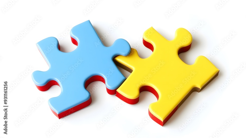 Two colored puzzle pieces connecting on a white background, symbolizing collaboration and connection in educational planning for special needs students, emphasizing inclusivity and teamwork Two colored puzzle pieces connecting on a white background, symbolizing collaboration and connection in educational planning for special needs students, emphasizing inclusivity and teamwork