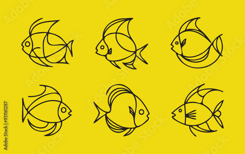 Set of minimal fish line drawing style, fish in different style isolated on yellow background