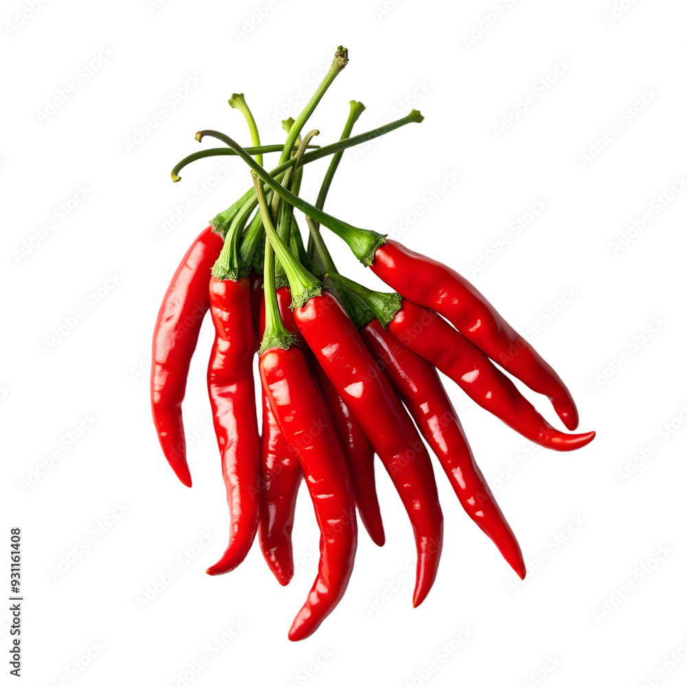 A cluster of red chili peppers with green stems, isolated on white background