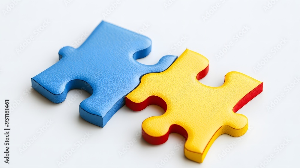 Two colored puzzle pieces connecting on a white background, symbolizing collaboration and connection in educational planning for special needs students, emphasizing inclusivity and teamwork Two colored puzzle pieces connecting on a white background, symbolizing collaboration and connection in educational planning for special needs students, emphasizing inclusivity and teamwork