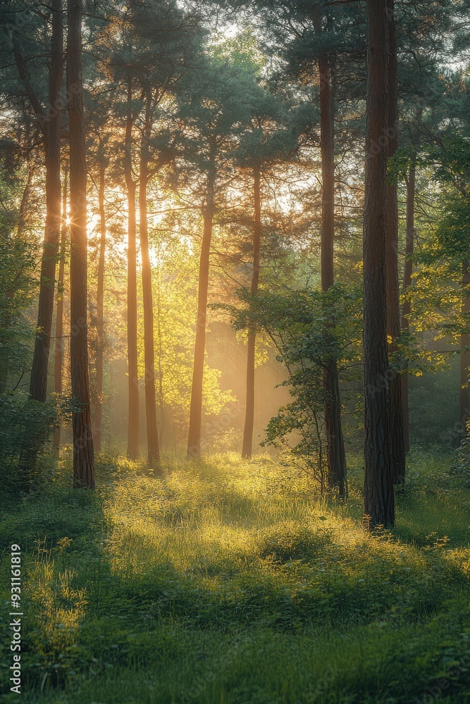 Fototapeta premium Serene Forest with Sun Rays and Mist