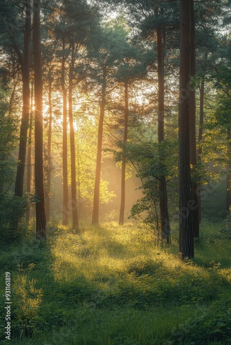 Serene Forest with Sun Rays and Mist