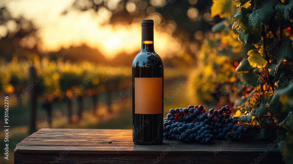 A bottle of premium wine with a blurred vineyard background, emphasizing the product, origin. A bottle of premium wine with a blurred vineyard background, emphasizing the product, origin.