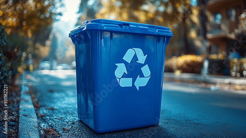 green recycling bin placed on a city street, symbolizing environmental awareness and sustainability. The bin stands empty, ready to be filled with recyclable materials, promoting eco-friendly practice