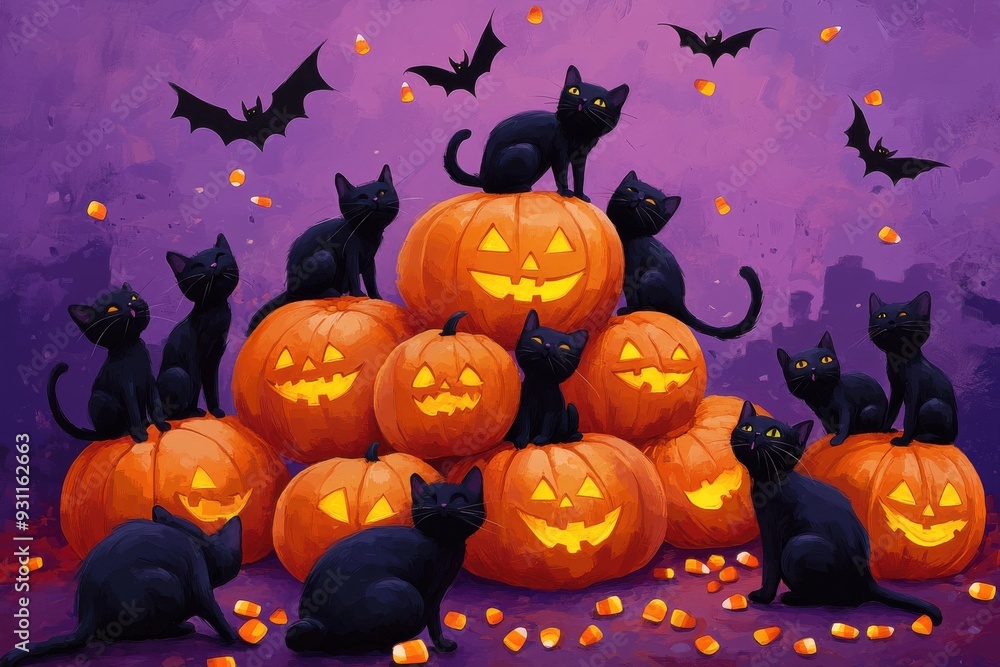 Fototapeta premium Group of black cats and jack-o-lanterns in a festive Halloween scene