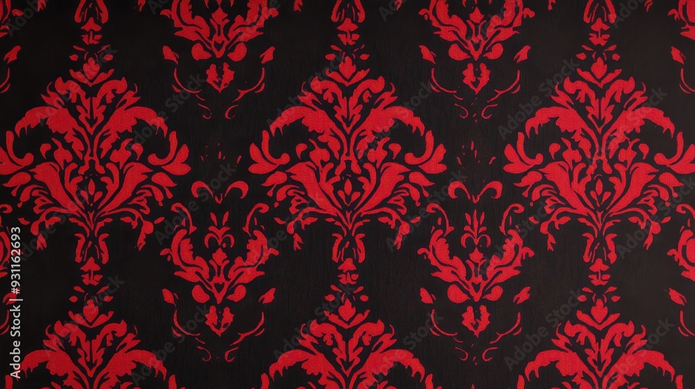 A decorative wallpaper design featuring intricate red patterns on a black background. A decorative wallpaper design featuring intricate red patterns on a black background.