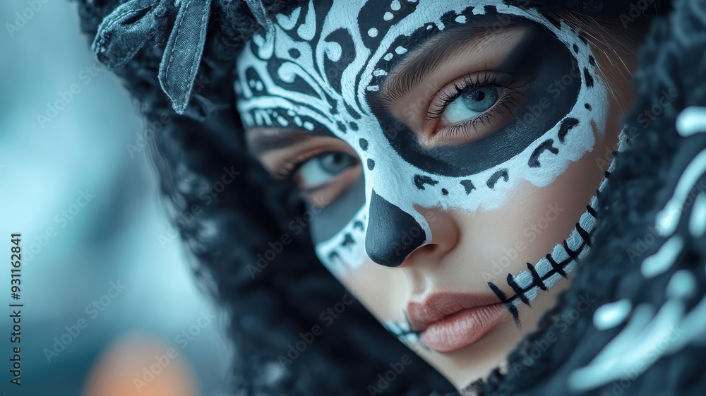 Woman in modern, gothic Grim Reaper costume with face paint. Woman in modern, gothic Grim Reaper costume with face paint.