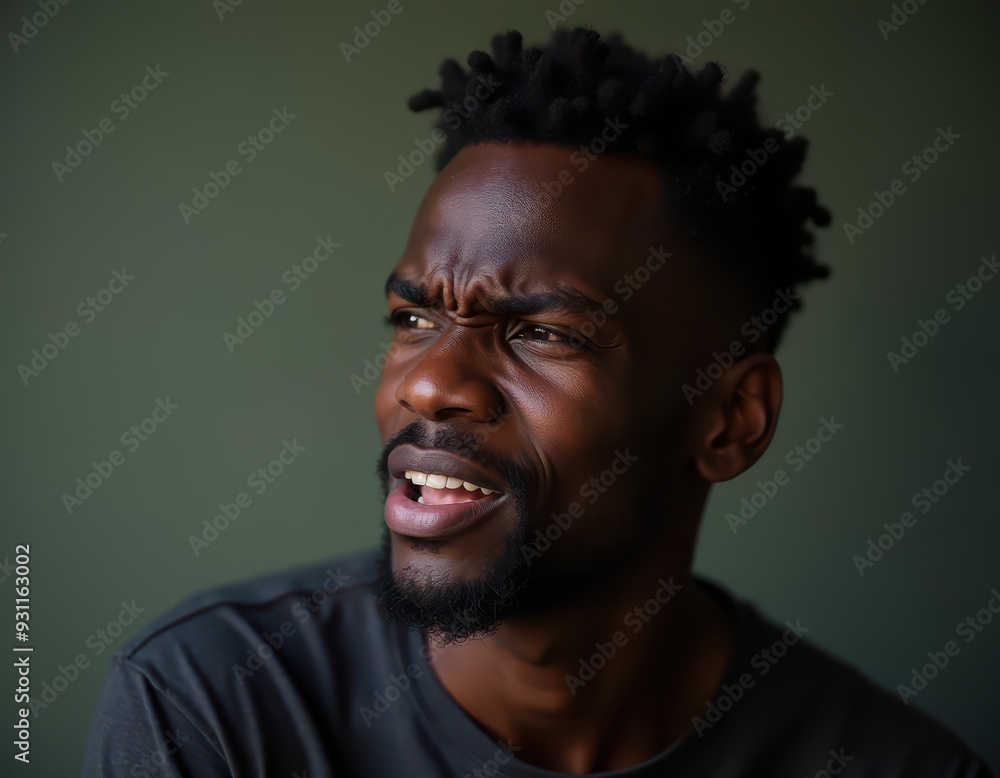Fototapeta premium Thoughtful African American man with expressive face against a green background.