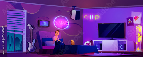 Teen gamer sitting alone in bedroom. Vector cartoon illustration of young male character looking at paper bag on bed at night, food delivery service, neon light gaming signs and TV, guitar near wall