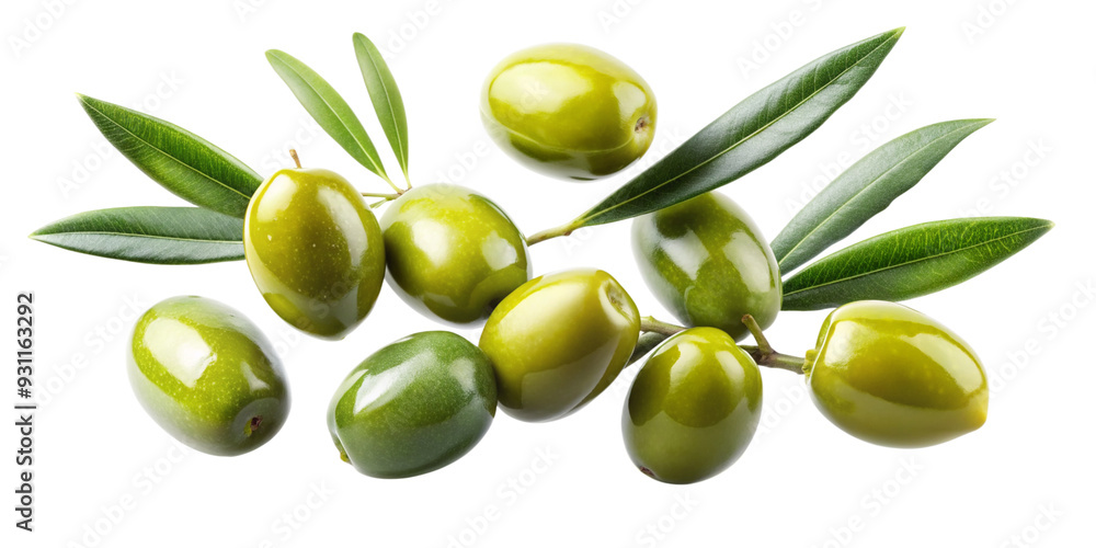 Delicious Green Olives with Leaves Cut Out with Clipping Path on Transparent Background Delicious Green Olives with Leaves Cut Out with Clipping Path on Transparent Background