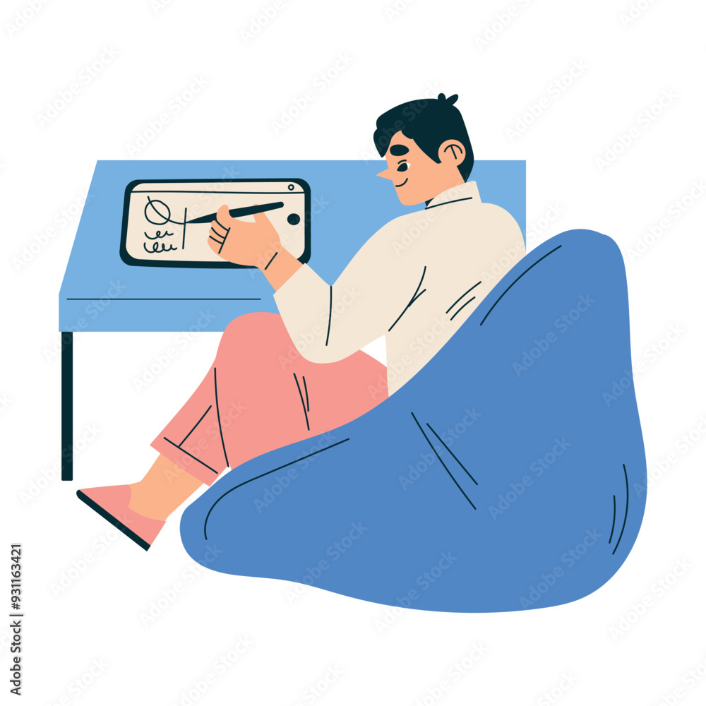 Fototapeta premium New Technologies with Man Character with Tablet Drawing Vector Illustration