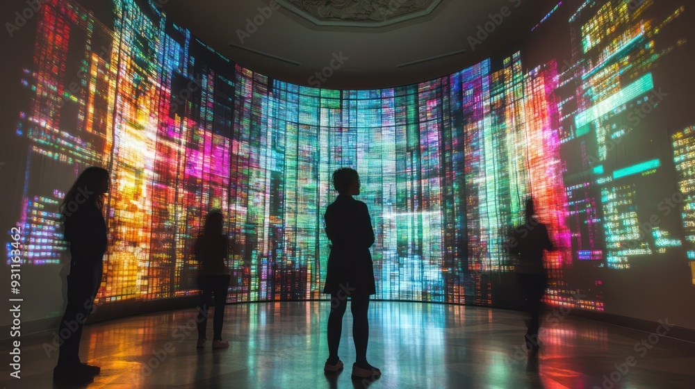 Silhouettes of People Admiring a Colorful Projection Silhouettes of People Admiring a Colorful Projection