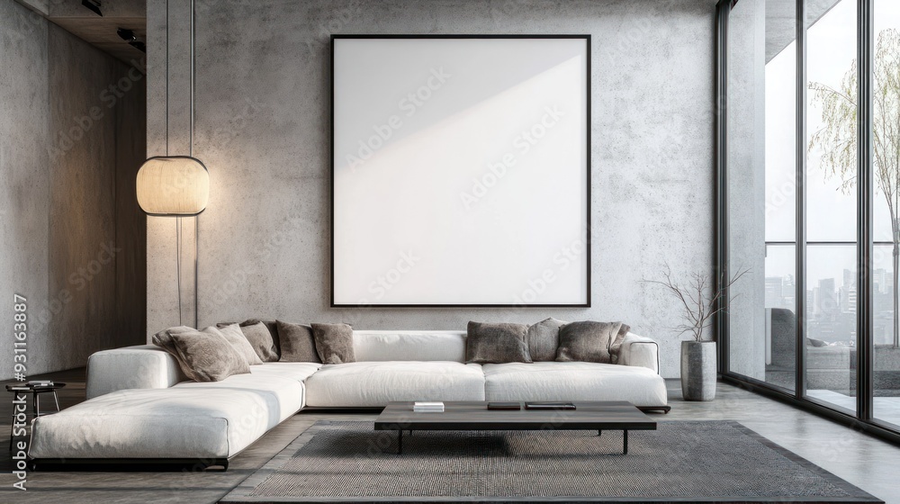 Modern Living Room with Large Blank Canvas and White Sectional Sofa Modern Living Room with Large Blank Canvas and White Sectional Sofa