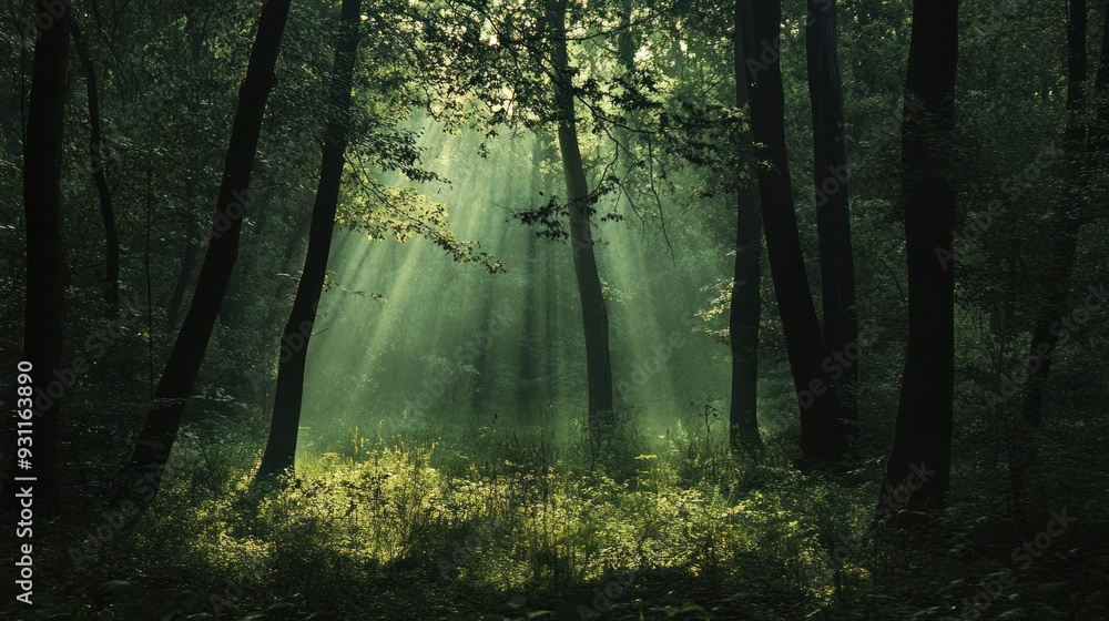 Obraz premium Sunbeams Filtering Through a Foggy Forest