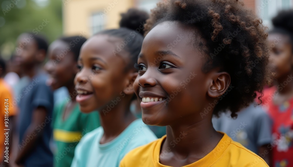 Smiling African-American children participate in an outdoor event. Smiling African-American children participate in an outdoor event.