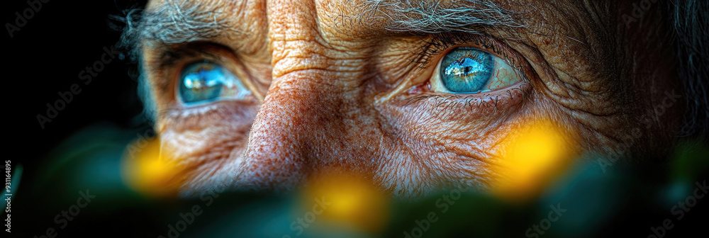 A close-up of an elderly person face, with a blurred garden background showing the passage of time. A close-up of an elderly person face, with a blurred garden background showing the passage of time.