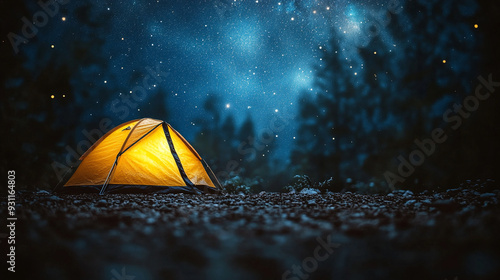 tent glows amidst the serene, snow-covered winter mountains under a clear, starry sky. The tranquil, remote setting evokes a sense of solitude, adventure, and connection with nature