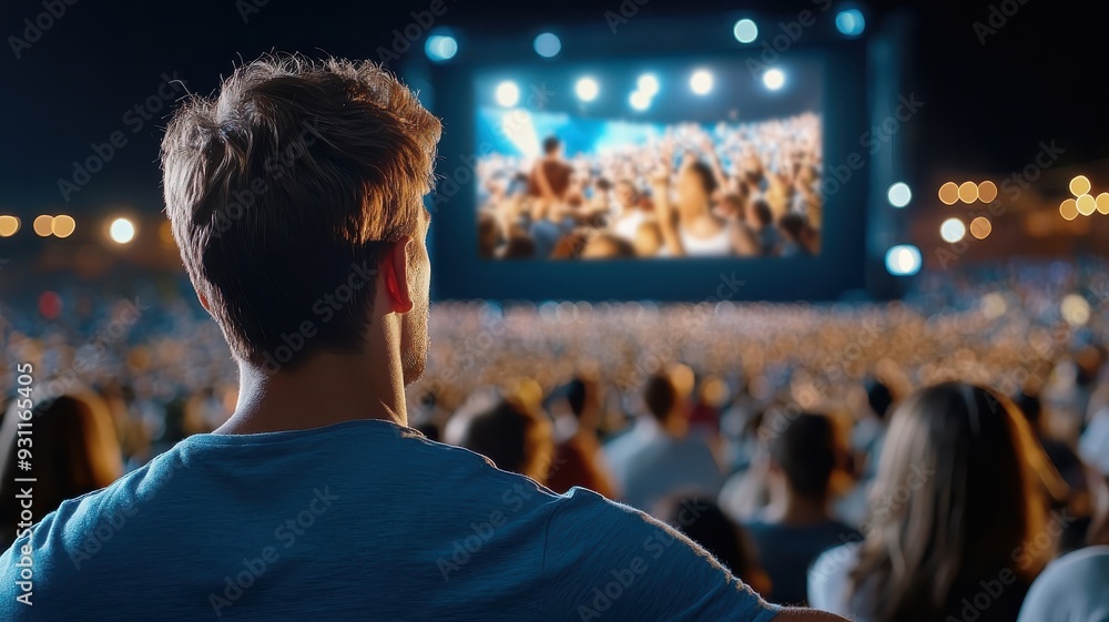 Fototapeta premium A vast crowd captivated by a movie on a giant outdoor screen, creating a sense of shared wonder.