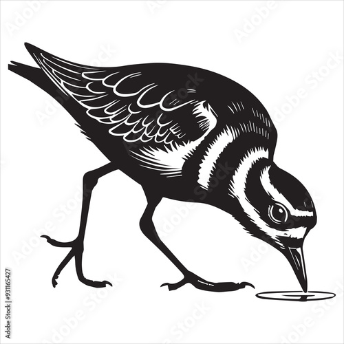 Killdeer Bird  Silhouette, Charadrius Vociferus Clipart, Killdeer foraging illustration in black and white